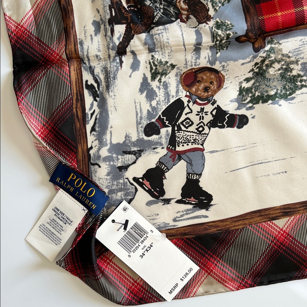Polo Ralph Lauren Bear Winter Scarf Red Plaid Holiday Ski Skating Rare - Picture 8 of 17